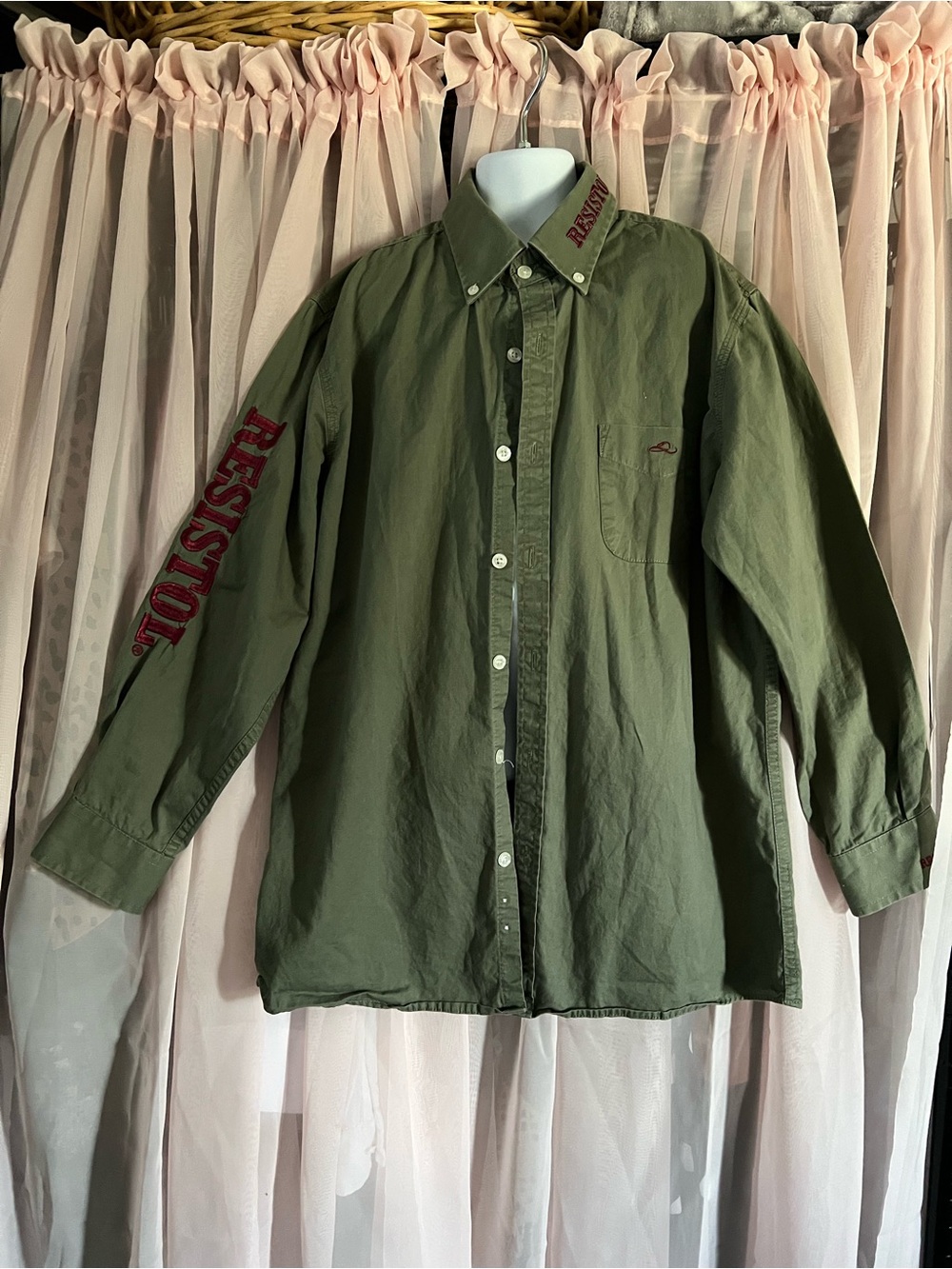 Kids Olive Green Button-Down Shirt with Red Sleeve Lettering